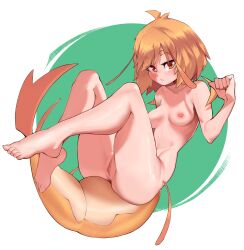 Rule 34 | 1girl, absurdres, antenna hair, breasts, breasts apart, commission, commissioner upload, highres, legs up, looking at viewer, medium breasts, nipples, nude, orange eyes, orange hair, original, pepper (teuthidan), pussy, short hair, shrimp girl, sitting, solo, tail, uncensored, yinn s