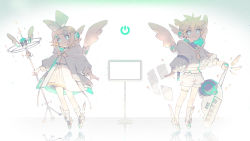 Rule 34 | 1boy, 1girl, absurdres, angel wings, aqua eyes, arms at sides, bare shoulders, blonde hair, blue eyes, bobby socks, brother and sister, closed mouth, dress, flipped hair, floating, full body, glowing, glowing eyes, hair ornament, hair ribbon, hairband, hairclip, headphones, highres, holding, hood, hood down, hooded jacket, hoodie, instrument, jacket, kagamine len, kagamine rin, keyboard (instrument), kneehighs, long sleeves, looking at viewer, matching outfits, microphone stand, midriff, monitor, necktie, plantar flexion, puffy long sleeves, puffy sleeves, reflective floor, ribbon, short hair, shorts, siblings, smile, socks, suspender shorts, suspenders, swept bangs, turtleneck, twins, vocaloid, white dress, white shorts, white socks, winged footwear, wings, yamada ichi