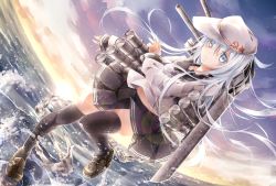 Rule 34 | 10s, 1girl, anchor, black thighhighs, cannon, chain, grey eyes, hat, hibiki (kancolle), highres, kantai collection, long hair, long sleeves, machinery, personification, school uniform, serafuku, silver hair, solo, sunset, thighhighs, toutenkou, verniy (kancolle), very long hair, water