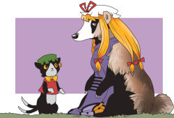 Rule 34 | animal request, black eyes, blonde hair, bow, bowtie, cat, cat tail, chen, chen (cat), claws, colored sclera, earrings, grass, green hat, hair bow, hat, hat ribbon, jewelry, long hair, looking at another, looking at viewer, mob cap, multiple tails, nekomata, no humans, onikobe rin, purple background, purple eyes, red vest, ribbon, sidelocks, sitting, smile, tabard, tail, touhou, two tails, vest, yakumo yukari, yellow sclera, yin yang