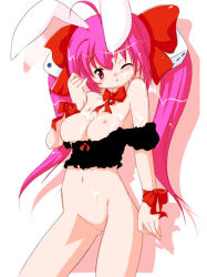 Rule 34 | 1girl, ajoea, animal ears, breasts, rabbit ears, clothes pull, cum, cum on body, di gi charat, facial, nipples, one eye closed, pink eyes, pink hair, pussy, shirt pull, solo, twintails, uncensored, usada hikaru