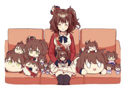Rule 34 | 1girl, animal ears, aston machan (umamusume), black thighhighs, blue bow, blush, bow, bowtie, brown hair, chipushishi, couch, facing viewer, feet out of frame, green eyes, highres, horse ears, horse girl, long sleeves, pleated skirt, simple background, sitting, skirt, solo, stuffed toy, thighhighs, umamusume, white background, white skirt