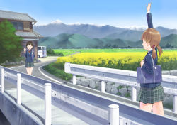 Rule 34 | 2girls, arm up, bag, blazer, blue jacket, blue sky, blush, bow, bowtie, bridge, brown hair, building, car, closed eyes, cobblestone, collared shirt, commentary request, day, eichisu, field, grass, green skirt, guard rail, hand up, holding, holding bag, holding strap, house, jacket, long hair, long sleeves, low twintails, medium hair, motor vehicle, mountain, mountainous horizon, multiple girls, nature, open mouth, original, outdoors, pavement, plaid, plaid skirt, pleated skirt, red bow, red neckwear, road, scenery, school bag, school uniform, shirt, shoulder bag, skirt, sky, smile, standing, street, tree, twintails, uniform, white shirt