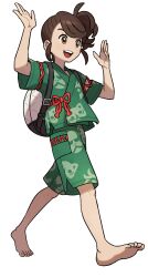 Rule 34 | 1girl, arms up, artist request, asymmetrical hair, backpack, bag, barefoot, blush, brown eyes, brown hair, creatures (company), cross-laced clothes, female focus, flat chest, full body, game freak, green shirt, green shorts, happy, highres, juliana (pokemon), light blush, matching hair/eyes, nintendo, official art, open mouth, outline, pocket, pokemon, pokemon sv, print shirt, print shorts, shirt, short hair, short sleeves, shorts, side slit, sidelocks, simple background, smile, solo, standing, swept bangs, teeth, third-party edit, toes, transparent background, walking, white outline
