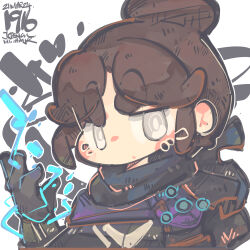 Rule 34 | 1girl, absurdres, apex legends, artist name, black bodysuit, black gloves, black scarf, blush, bodysuit, brown hair, dated, electricity, gloves, grey eyes, hair behind ear, hair bun, hand on own chest, highres, jrpencil, looking at viewer, open hand, scarf, single hair bun, solo, thick eyebrows, v-shaped eyebrows, white background, wraith (apex legends)