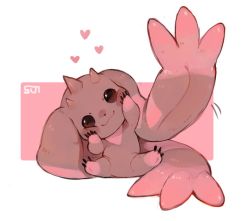 Rule 34 | closed mouth, digimon, digimon (creature), head tilt, heart, looking at viewer, lopmon, pink theme, signature, smile, sui (suizilla), waving
