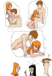 Rule 34 | 1boy, 2girls, ?, age difference, angry, ass, ass grab, blush, breasts, brown hair, candace flynn, candace gertrude flynn, cheesekunart, family, father and daughter, fellatio, hand on head, handjob, hetero, highres, imagining, incest, kneeling, lawrence fletcher, multiple girls, nipples, nude, oral, orange hair, penis, phineas and ferb, sequential, sex, sitting, stacy hirano, sweat, thought bubble, uncensored