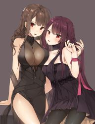 Rule 34 | 2girls, ahoge, alternate costume, arm support, armlet, bad id, bad pixiv id, black dress, black legwear, blunt bangs, blush, breasts, brown hair, canape (canape0130), casual, choker, cleavage, collarbone, covered navel, dress, dsr-50 (girls&#039; frontline), dsr-50 (highest bid) (girls&#039; frontline), earrings, gem, girls&#039; frontline, hair ornament, hair over shoulder, hand in another&#039;s hair, head tilt, highres, jewelry, large breasts, leaning, leaning back, long hair, looking at viewer, multiple girls, necklace, no bra, official alternate costume, open mouth, pantyhose, pendant, purple hair, red eyes, red gemstone, red ribbon, ribbon, ring, sideboob, sidelocks, simple background, skindentation, smile, strapless, strapless dress, thighs, very long hair, wa2000 (ballroom interlude) (girls&#039; frontline), wa2000 (girls&#039; frontline), wedding band, wrist ribbon