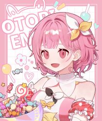 Rule 34 | 1girl, absurdres, blush, bowl, candy, character name, collar, dress, food, hair ornament, hair ribbon, haru (ririne9999rine), highres, holding, holding bowl, ootori emu, open mouth, pink dress, pink eyes, pink hair, project sekai, red sleeves, ribbon, short hair, smile, solo, white collar, yellow ribbon