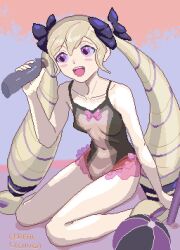 Rule 34 | 1boy, 1girl, absurdres, artist name, ball, beachball, black bow, blonde hair, blush stickers, bow, cerealxs, collarbone, covered navel, disembodied penis, drill hair, elise (fire emblem), feet out of frame, fire emblem, fire emblem fates, frills, hair bow, hair ornament, highres, long hair, navel, one-piece swimsuit, open mouth, penis, penis grab, purple eyes, sitting, smile, solo focus, swimsuit, teeth, thighs, twin drills, twintails, upper teeth only, very long hair, wariza