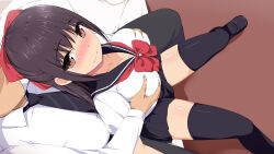 Rule 34 | black sailor collar, black skirt, black thighhighs, blush, bow, grabbing another&#039;s breast, breasts, brown eyes, cleavage, closed mouth, from above, grabbing, grabbing from behind, hair bow, highres, large breasts, legs apart, looking up, nose blush, original, pleated skirt, red bow, sailor collar, school uniform, serafuku, shii (eve), shoes, sidelocks, sitting, skirt, thighhighs, thighs, wavy mouth, zettai ryouiki