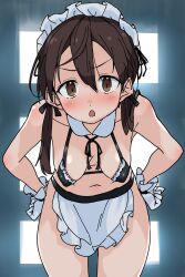 Rule 34 | 1girl, absurdres, alternate costume, apron, bikini, black bikini, blush, breasts, brown eyes, brown hair, buta-don, enmaided, gertrud barkhorn, gloves, hands on own hips, hanging breasts, highres, long hair, looking at viewer, maid, maid apron, maid bikini, maid headdress, medium breasts, navel, solo, strike witches, swimsuit, twintails, unconventional maid, white gloves, world witches series
