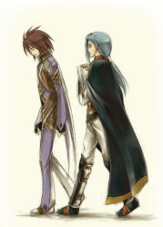 Rule 34 | 00s, 2boys, artist request, blue hair, bodysuit, brown hair, cape, closed eyes, fingerless gloves, full body, gloves, kratos aurion, long hair, male focus, multiple boys, ponytail, profile, shoes, short hair, simple background, spiked hair, tales of (series), tales of symphonia, walking, yuan ka-fai
