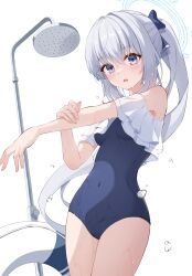 Rule 34 | 1girl, bar censor, bare shoulders, barefoot, blue archive, blue halo, blue one-piece swimsuit, blush, censored, commentary, frilled one-piece swimsuit, frills, grey hair, halo, highres, long hair, miyako (blue archive), miyako (swimsuit) (blue archive), official alternate costume, one-piece swimsuit, open mouth, ponytail, purple eyes, shijima (shijima tc), simple background, solo, swimsuit, white background