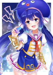 Rule 34 | 1girl, :3, :d, absurdres, ahoge, aqua hair, arm at side, blue eyes, blue hair, border, braid, child, cowboy shot, detached sleeves, eel hat, fang, gradient hair, hair between eyes, hair ribbon, hand up, head tilt, highres, holding, holding whistle, idol, kawagami raito, leaning forward, legs apart, long hair, looking at viewer, low-braided long hair, low-tied long hair, marching band, multicolored hair, musical note, musical note print, neckerchief, open mouth, otomachi una, otomachi una (sugar), outside border, pleated skirt, puffy short sleeves, puffy sleeves, red neckerchief, ribbon, sailor collar, see-through, see-through sleeves, short sleeves, skirt, smile, solo, sparkle background, standing, tareme, transparent sleeves, twintails, v-shaped eyebrows, very long hair, vocaloid, whistle, white border