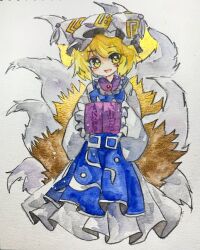 Rule 34 | 1girl, blonde hair, commentary request, dress, fox tail, full body, hands in opposite sleeves, hat, highres, key747h, kitsune, looking at viewer, mob cap, open mouth, short hair, simple background, solo, tabard, tail, touhou, traditional media, white background, white dress, white hat, yakumo ran, yellow eyes