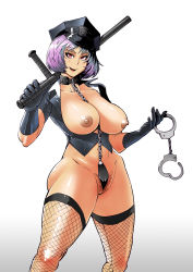 Rule 34 | 1girl, baton (weapon), between breasts, breasts, breasts out, butcherboy, chain, cleft of venus, collar, cuffs, female focus, female pubic hair, fishnet thighhighs, fishnets, gloves, gradient background, handcuffs, hat, highres, large breasts, naughty face, nightstick, original, police, police hat, police uniform, policewoman, pubic hair, purple hair, pussy, red eyes, short hair, smile, solo, stun baton, thighhighs, uncensored, uniform, weapon