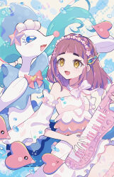 1girl absurdres arched_bangs blue_eyes blue_hair commentary_request creatures_(company) dress game_freak gen_3_pokemon gen_7_pokemon hair_ornament hairclip haru_(haruxxe) highres lacey_(pokemon) long_hair luvdisc music nintendo open_mouth pink_dress pink_hair pokemon pokemon_(creature) pokemon_sv primarina smile water yellow_eyes