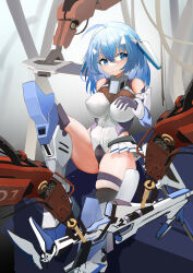 Rule 34 | 1girl, absurdres, ahoge, armored boots, artery gear, artery gear: fusion, black bodysuit, blue eyes, blue hair, bodysuit, boots, breasts, closed mouth, commentary request, covered erect nipples, crossed bangs, hair between eyes, headgear, highres, jiang long bao, large breasts, long hair, machinery, nio silen, sidelocks, solo, two-tone bodysuit, white bodysuit