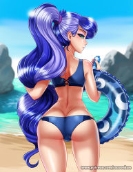 Rule 34 | 1girl, ass, bare shoulders, bikini, blue eyes, blue hair, blush, breasts, butt crack, from behind, innertube, large breasts, long hair, looking at viewer, looking back, luna (my little pony), my little pony, my little pony: friendship is magic, nail polish, personification, ponytail, racoonkun, shiny skin, smile, solo, suntan lotion, swim ring, swimsuit, very long hair