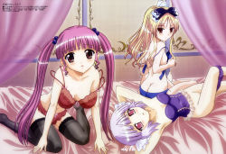Rule 34 | 3girls, absurdres, ass, avril (shukufuku no campanella), barefoot, bed, bed sheet, blonde hair, blue bra, blue panties, bow, bra, breasts, butt crack, cleavage, earrings, groin, hair bow, highres, jewelry, lingerie, long hair, looking back, lying, megami magazine, minette, miriam (shukufuku no campanella), multiple girls, nakahara kiyotaka, non-web source, official art, on back, panties, panties around leg, pink eyes, purple eyes, purple hair, purple panties, red bra, red eyes, red panties, short hair, shukufuku no campanella, sideboob, silver hair, strap slip, thighhighs, twintails, underwear, underwear only, undressing
