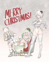 Rule 34 | 1boy, 2b (nier:automata), 2girls, 9s (nier:automata), a2 (nier:automata), antlers, bare shoulders, blindfold, blue eyes, boots, breasts, capelet, christmas, cleavage, cleavage cutout, closed mouth, clothing cutout, collarbone, crossed arms, crossed legs, gift, gloves, hair between eyes, hand on own hip, hat, high heels, highres, horns, knee boots, komi shin&#039;ya, leotard, long hair, mistletoe, mole, mole under mouth, multiple girls, nier:automata, nier (series), pinecone, pulling, santa hat, short hair, shorts, sitting, sleigh, snowflake background, snowflakes, standing, turtleneck, white blindfold, white footwear, white gloves, white hair, white legwear