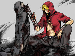 Rule 34 | 2boys, bandages, battle, belt, blonde hair, blood, boots, claws, crossover, gunji, hood, hoodie, hunter (left4dead), left 4 dead, male focus, multiple boys, topless male, swan (doesu), tattoo, togainu no chi, tongue, zombie