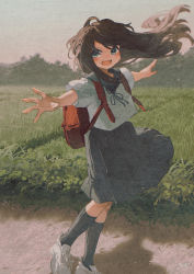Rule 34 | 1girl, backpack, bag, black socks, blue eyes, blue sailor collar, blush, brown hair, commentary request, field, floating hair, full body, grey skirt, highres, kneehighs, long hair, looking at viewer, open mouth, original, outdoors, outstretched arms, pleated skirt, potg (piotegu), sailor collar, school uniform, serafuku, shadow, shirt, short sleeves, skirt, smile, socks, solo, white footwear, white shirt