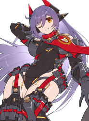 Rule 34 | absurdres, android, breasts, gonzarez, highres, joints, large breasts, leotard, poppi (xenoblade), poppi qtpi (xenoblade), purple hair, red eyes, robot ears, robot joints, scarf, simple background, solo, white background, xenoblade chronicles (series), xenoblade chronicles 2
