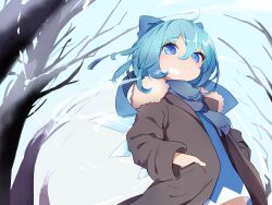 Rule 34 | 1girl, bare tree, blue bow, blue dress, blue eyes, blue hair, blue scarf, blush, bow, breath, brown coat, chikuzen1996, cirno, closed mouth, coat, cowboy shot, dress, fairy, fur-trimmed coat, fur trim, hair between eyes, hair bow, highres, ice, ice wings, long sleeves, open clothes, open coat, scarf, short hair, solo, touhou, tree, wings