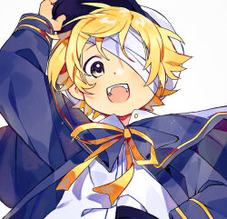 Rule 34 | 1boy, bandage over one eye, bandages, blonde hair, blue jacket, child, commentary, english commentary, hand on headwear, hat, jacket, looking at viewer, male focus, nemui (nemuriyagi), oliver (vocaloid), one eye covered, open mouth, ribbon, simple background, smile, solo, teeth, upper body, upper teeth only, vocaloid, white background, yellow eyes, yellow ribbon