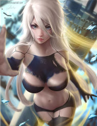 Rule 34 | 1girl, android, arm at side, armlet, bare shoulders, black gloves, black shorts, black thighhighs, blue eyes, blurry, blurry background, breasts, broadsword, chain, character name, collarbone, cowboy shot, deviantart username, elbow gloves, eyelashes, garter straps, gloves, greatsword, hair between eyes, hand up, highres, huge weapon, joints, large breasts, legs together, lips, lolliedrop, long hair, looking at viewer, nier:automata, nier (series), no mole, nose, parted lips, pink lips, reaching, reaching towards viewer, robot joints, short shorts, shorts, signature, silver hair, sleeveless, solo, standing, sword, tank top, thighhighs, weapon, a2 (nier:automata)