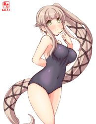 Rule 34 | 1girl, arm behind back, artist logo, black one-piece swimsuit, breasts, commentary request, competition school swimsuit, cowboy shot, dated, hair flaps, hair ribbon, highres, kanon (kurogane knights), kantai collection, large breasts, long hair, looking at viewer, one-piece swimsuit, pink hair, ribbon, school swimsuit, side ponytail, simple background, skin tight, smile, solo, swimsuit, v, very long hair, white background, yellow eyes, yura (kancolle)