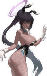 Rule 34 | 1girl, :&lt;, absurdres, animal ears, ass, bare shoulders, black hair, black leotard, blue archive, blue bow, blue bowtie, bow, bowtie, breasts, cleavage, closed mouth, collarbone, cowboy shot, curvy, dark-skinned female, dark skin, demian 221, detached collar, fake animal ears, fishnets, floating hair, from side, gloves, halo, highleg, highleg leotard, highres, huge ass, karin (blue archive), karin (bunny) (blue archive), large breasts, leotard, long hair, looking at viewer, outstretched arms, playboy bunny, ponytail, rabbit ears, shiny clothes, shiny skin, sideboob, sidelocks, simple background, thong leotard, traditional bowtie, very long hair, white background, wide hips, wrist cuffs, yellow eyes