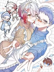 Rule 34 | 1boy, 1girl, alternate costume, apron, blue eyes, blue hair, blue nails, blue track suit, blush, brown eyes, brown hair, chibi, enmaided, glasses, gradient hair, hair between eyes, hair ornament, hairclip, hatsuki, heart, heart-shaped pupils, highres, hubert ozwell, jacket, jersey maid, looking at viewer, maid, maid apron, mecha-asbel, multicolored hair, name tag, no pants, pascal (tales), red hair, robot, rocket, short hair, sleeves past fingers, sleeves past wrists, smile, sparkling eyes, star (symbol), symbol-shaped pupils, tales of (series), tales of graces, teardrop-framed glasses, thighhighs, track jacket, track suit, two-tone hair, unconventional maid, v, white hair, yellow jacket, yellow nails, zettai ryouiki
