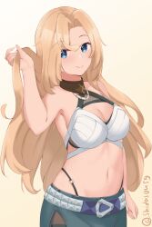 1girl blonde_hair blue_eyes breasts cosplay fairouz_ai genshin_impact highres hornet_(kancolle) kantai_collection large_breasts long_hair looking_at_viewer navel parted_bangs shidas0459 smile solo very_long_hair voice_actor_connection xilonen_(genshin_impact) xilonen_(genshin_impact)_(cosplay)