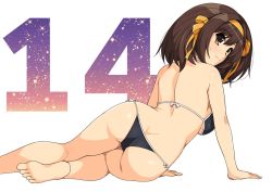 Rule 34 | 1girl, arm support, ass, bare arms, bare legs, bare shoulders, barefoot, bikini, black bikini, breasts, brown eyes, brown hair, butt crack, closed mouth, commentary request, countdown, from behind, hairband, haruhisky, light smile, looking at viewer, medium breasts, medium hair, navel, ribbon, solo, suzumiya haruhi, suzumiya haruhi no yuuutsu, swimsuit, yellow hairband, yellow ribbon