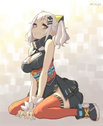 Rule 34 | 1girl, artist name, between legs, blue eyes, blush, boots, breasts, cleavage, cleavage cutout, clothing cutout, dress, fang, full body, grin, hair ornament, hairclip, hand between legs, kaguya luna, looking at viewer, medium breasts, medium hair, meme attire, multicolored eyes, obi, pink eyes, red thighhighs, sash, silver hair, sitting, sleeveless, sleeveless dress, smile, solo, the moon studio, thighhighs, turtleneck, twintails, umiroku, v arms, virgin killer outfit, virtual youtuber, wariza, wrist cuffs