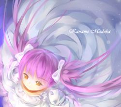 Rule 34 | 10s, 1girl, alternate hairstyle, bow, dress, female focus, from above, gradient background, hair bow, kaname madoka, long hair, magical girl, mahou shoujo madoka magica, mahou shoujo madoka magica (anime), pink hair, solo, syd, twintails, ultimate madoka, yellow eyes