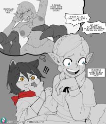 Rule 34 | !, !!, 3girls, animal ears, blue eyes, blush, breasts, breasts out, cat ears, cat girl, dungeon meshi, elf, english text, falin touden, falin touden (chimera), imagining, implied futanari, implied sex, izutsumi, large areolae, large breasts, licking finger, marcille donato, monochrome, mrbooshmaster, multiple girls, nipples, pointy ears, sexually suggestive, sitting, spot color, tongue, tongue out