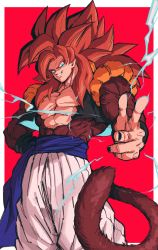 Rule 34 | absurdres, bare pectorals, biceps, blue eyes, body fur, brown fur, dragon ball, dragon ball gt, electricity, gogeta, hand on own hip, highres, looking at viewer, metamoran vest, monkey boy, monkey tail, no nipples, obi, outside border, pants, pectorals, pointing, red background, red hair, relio db318, sash, smirk, solo, spiked hair, super saiyan, super saiyan 4, tail, veins, veiny hands, white pants, wristband