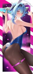 Rule 34 | 1girl, absurdres, alternate costume, animal ears, backless leotard, bare arms, bare back, bare shoulders, black hairband, blue hair, blue leotard, blush, brown pantyhose, commentary request, eula (genshin impact), fake animal ears, feifu, genshin impact, hairband, highres, leotard, long hair, looking at viewer, pantyhose, playboy bunny, rabbit ears, rabbit tail, solo, tail, thigh strap, thighs
