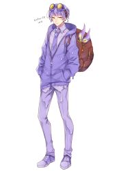 Rule 34 | 1boy, alternate color, backpack, bag, character name, creatures (company), earrings, full body, game freak, gen 2 pokemon, goggles, goggles on head, hands in pocket, hood, hood down, hoodie, jewelry, kasuka108, magcargo, male focus, necktie, nintendo, pants, personification, pokemon, purple footwear, purple hair, purple neckwear, purple pants, shiny pokemon, shoes, simple background, slime (substance), sneakers, stud earrings, yellow eyes, zipper