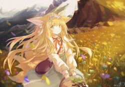 1girl animal_ear_fluff animal_ears arknights basket black_bag black_cat blonde_hair blue_hairband blue_skirt cat closed_mouth field flower flower_field fox_ears fox_girl fox_tail frilled_hairband frills green_eyes hairband highres holding holding_basket kitsune long_hair long_sleeves luo_xiaohei luo_xiaohei_(cat) luo_xiaohei_zhanji mountainous_horizon multicolored_hair multiple_tails neck_ribbon official_alternate_costume red_ribbon ribbon shirt skirt smile solo standing suiyuebai suzuran_(arknights) suzuran_(spring_praise)_(arknights) tail white_shirt