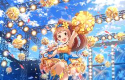 Rule 34 | 10s, 1girl, artist request, brown hair, flower, hair flower, hair ornament, highres, idolmaster, idolmaster cinderella girls, idolmaster cinderella girls starlight stage, jewelry, necklace, official art, pom pom (cheerleading), ponytail, smile, solo, wakabayashi tomoka, yellow eyes