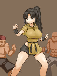 Rule 34 | 1girl, 2boys, bald, bandana, breasts, brown background, brown eyes, brown hair, eyeless male, highres, hip vent, large breasts, long hair, multiple boys, muscular, muscular male, original, pants, parted bangs, ponytail, shiny skin, short shorts, shorts, steamingtofu, tunic, wrist cuffs