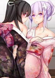 Rule 34 | 2girls, bare shoulders, black hair, black kimono, blush, breasts, collarbone, commentary request, d-pad, d-pad hair ornament, daiaru, floral print, hair ornament, hair ribbon, japanese clothes, kimono, kimono pull, long hair, looking at viewer, looking back, multiple girls, nepgear, neptune (series), off shoulder, open mouth, pink kimono, pulling, purple eyes, purple hair, red eyes, ribbon, small breasts, smile, uni (neptunia)