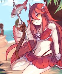 Rule 34 | 1girl, bare shoulders, bikini, breasts, cleavage, collarbone, cordelia (fire emblem), dutch angle, feather hair ornament, feathers, fingerless gloves, fire emblem, fire emblem awakening, fire emblem heroes, fish, frilled bikini, frills, gloves, hair between eyes, hair ornament, highres, long hair, memeh, navel, nintendo, one eye closed, open mouth, polearm, red hair, shell, small breasts, smile, solo, spear, swimsuit, tree, twitter username, upper body, water, weapon, wink