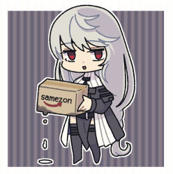 Rule 34 | 1girl, amazon (company), arknights, black dress, black thighhighs, box, brand name imitation, cardboard box, chibi, commentary request, dress, full body, holding, holding box, long hair, looking at viewer, nekomdr, no headwear, parted lips, red eyes, silver hair, solo, specter (arknights), standing, thigh strap, thighhighs, very long hair