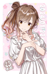 Rule 34 | 1girl, artist logo, border, brown eyes, brown hair, cevio, collarbone, commentary request, cowboy shot, dated, dress, faco, finger to own chin, floral background, hair bun, hands up, head tilt, highres, long hair, looking at viewer, outside border, pink background, puffy short sleeves, puffy sleeves, satou sasara, short sleeves, side ponytail, single side bun, solo, standing, twitter username, white border, white dress